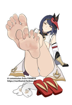 1girl absurdres barefoot beifeng_han black_hair blush feet feet_up genshin_impact geta highres kujou_sara light_smile looking_at_viewer medium_hair panties pantyshot shoes socks soles toes underwear unworn_shoes unworn_socks yellow_eyes