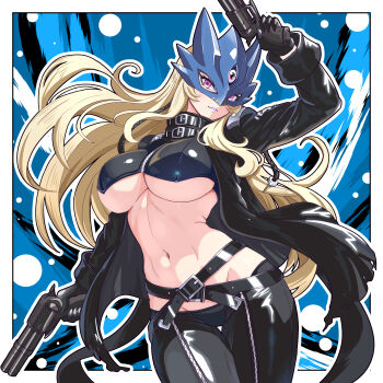 1girl absurdres beelstarmon belt black_belt black_coat black_pants blonde_hair breasts coat cropped_vest daiichi_(k_daiiti) digimon digimon_(creature) eye_mask gun highres holding holding_gun holding_weapon leather long_hair mask navel pants pink_eyes solo third_eye underboob vest weapon