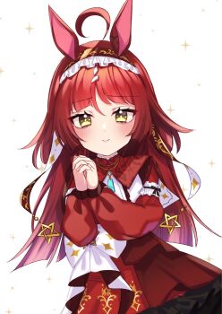1girl ahoge animal_ears blunt_bangs blush closed_mouth hairband highres horse_girl jewelry kumeuma long_hair necklace own_hands_together red_desire_(umamusume) red_hair simple_background smile solo sparkle umamusume white_background yellow_eyes