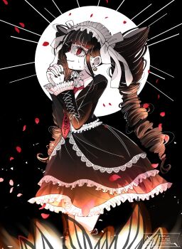 1girl black_hair black_jacket black_nails black_ribbon black_skirt blunt_bangs border bow burning_at_the_stake celestia_ludenberg collared_shirt cowboy_shot cross-laced_clothes cross-laced_sleeves danganronpa:_trigger_happy_havoc danganronpa_(series) drill_hair earrings eyelashes falling_petals fire frilled_hairband frilled_jacket frilled_shirt frilled_skirt frilled_sleeves frills gothic_lolita hair_bow hairband highres interlocked_fingers jacket jewelry lace lace-trimmed_skirt lace_trim light_particles lolita_fashion lolita_hairband long_hair long_sleeves miniskirt mmr_0x nail_polish necktie nervous_smile nervous_sweating open_clothes open_jacket own_hands_clasped own_hands_together pale_skin parted_lips petals planet_earrings pointy_nose print_necktie red_eyes red_necktie ribbon ribbon_legwear rose_petals shirt sidelocks skirt smile solo spoilers standing sweat teeth thighhighs twin_drills twintails very_long_hair watermark white_border white_hairband white_shirt white_thighhighs zettai_ryouiki