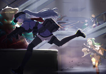 4girls absurdres andoris_(girls'_frontline_2) assault_rifle axe bare_shoulders belka_(girls'_frontline_2) black_hat blonde_hair blue_hair breasts clothes_pull commentary_request cross elid_(girls'_frontline) firing frown full_body g11_(girls'_frontline) g28_(girls'_frontline) girls'_frontline girls'_frontline_2:_exilium green_eyes green_hair gun h&amp;k_g11 h&amp;k_g28 h&amp;k_g36c h&amp;k_hk416 hair_ornament hairband hairclip hari_tokei hat highres hk416_(girls'_frontline) indoors iron_cross jacket jacket_pull klukai_(girls'_frontline_2) large_breasts leaning_forward long_hair magazine_(weapon) mechty_(girls'_frontline_2) medium_breasts multiple_girls off_shoulder open_clothes open_jacket ponytail purple_jacket red_eyes red_hairband rifle running serious thighhighs thighs very_long_hair weapon weapon_on_back white_hair