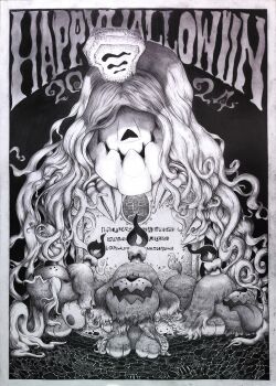 Rule 34 | 2024, absurdres, animal focus, bake monochrome, border, candle, commentary request, fire, graphite (medium), greavard, greyscale, hair over eyes, halloween, happy halloween, highres, houndstone, mixed-language commentary, monochrome, nintendo, no humans, open mouth, pokemon, pokemon (creature), pokemon focus, tombstone, traditional media, white border