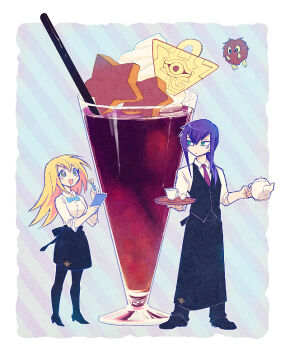 1boy 1girl apron barista black_apron black_pantyhose blonde_hair border cup dark_magician dark_magician_girl duel_monster holding holding_teapot holding_tray kuriboh millennium_puzzle necktie notepad open_mouth oversized_food oversized_object pantyhose purple_hair red_necktie teacup teapot tray white_border yu-gi-oh! yuza