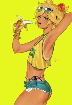 1boy absurdres arm_up armpits ass banana blonde_hair blue_eyes blush brazilian_flag brazilian_flag_print brazilian_miku brazilian_miku_(cosplay) character_name cosplay crossdressing crossdressing_(mtf) denim denim_shorts exposed_pocket eyewear_on_head flag_print food from_side fruit green_background hatsune_miku highres holding holding_food holding_fruit kagamine_len looking_at_viewer male_focus saliva saliva_trail sexually_suggestive short_hair short_shorts shorts shorts_tan simple_background solo sweat tan tank_top tanline tanline_peek teeth upper_teeth_only user_sxzr5453 vocaloid white-framed_eyewear yellow_tank_top