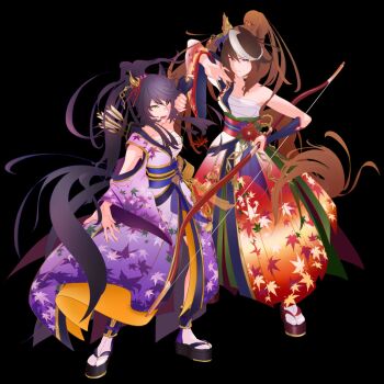 Rule 34 | 2girls, animal ears, arrow (projectile), bandaid, bandaid on face, bandaid on nose, bare shoulders, black background, black bow, black hair, black socks, bow, bow (weapon), breasts, brown hair, chest sarashi, choker, collarbone, echoo, hadanugi dousa, hair between eyes, highres, holding, holding bow (weapon), holding weapon, horse ears, horse girl, horse tail, japanese clothes, kimono, long hair, multicolored hair, multiple girls, narita brian (the whistling arrow's taunt) (umamusume), narita brian (umamusume), official alternate costume, open kimono, open mouth, ponytail, purple eyes, purple kimono, quiver, sandals, sarashi, sash, simple background, socks, streaked hair, symboli rudolf (archer by moonlight) (umamusume), symboli rudolf (umamusume), tail, umamusume, weapon, white hair, white socks, yellow eyes