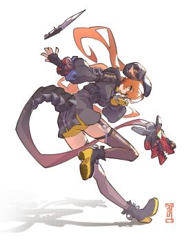 1girl 1other :o ahoge ammunition ammunition_pouch artist_name asymmetrical_gloves black_hat black_horns black_shoes brown_thighhighs commentary commentary_request curled_horns dragon_girl dragon_horns dress english_commentary fingerless_gloves from_side full_body gloves gun hair_between_eyes hat highres horns knife leg_up long_hair magus_(zenless_zone_zero) mechanical_horns mechanical_tail mismatched_gloves multicolored_shoes open_mouth orange_hair orange_pupils orphie_magnusson panties partial_commentary pointy_ears pouch shadow shoes simple_background single_fingerless_glove tail thighhighs throwing_knife twintails underwear user_rfde4742 weapon white_background yellow_gloves yellow_panties zenless_zone_zero zipper_dress