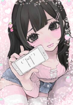 1girl aegyo_sal black_eyes black_hair blush cellphone commentary denim denim_skirt emoticon eyelashes eyeshadow eyeshadow_under_eye fashion food-themed_hair_ornament hair_ornament heart highres holding holding_phone kaomoji long_hair long_sleeves looking_at_viewer makeup motsu_(timotimo451) original phone pink_eyeshadow pink_lips pink_shirt pout shirt sitting skirt smartphone solo sparkle strawberry_hair_ornament striped_clothes striped_thighhighs symbol-only_commentary thighhighs twintails zettai_ryouiki