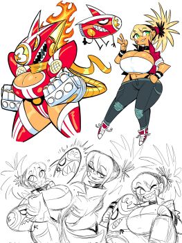 1girl 2025 anger_vein bandaid bandaid_on_face belt black_choker black_hair black_panties blonde_hair bomb boots breasts choker cleavage collarbone colored_skin commentary curvy denim english_commentary explosive female_focus full_body green_eyes grin hair_between_eyes happy high_ponytail highres huge_breasts jacket jeans knee_boots leotard long_hair mole mole_on_breast multicolored_hair multiple_expressions multiple_views navel nuclear_weapon object_head one_eye_closed orange_skin original panties pants plaid_clothes plaid_jacket ponytail popped_collar red_boots red_jacket red_leotard red_scrunchie red_shoes scarf scrunchie sharp_teeth shoes simple_background sitting smile sneakers strapless superhero_costume teeth theguywhodrawsalot thick_thighs thighs thumbs_up torn_clothes torn_jeans torn_pants tube_top two-tone_hair underboob underwear v whale_tail_(clothing) white_background white_trim white_tube_top wide_hips wink wrist_cuffs yellow_scarf