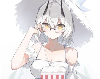 1girl bespectacled black-framed_eyewear blue_archive blush breasts check_commentary cleavage commentary commentary_request flower glasses hair_between_eyes hat hat_flower highres large_breasts looking_at_viewer matchadzuke sena_(blue_archive) sena_(casual)_(blue_archive) solo white_flower white_hair white_hat yellow_eyes