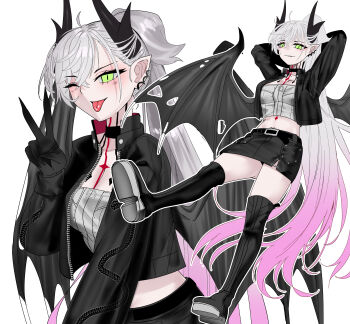 1girl absurdres black_hands black_jacket black_skirt black_thighhighs blue_notuki body_markings breasts choker colored_extremities commentary_request crossed_bangs demon_girl demon_horns demon_wings ear_piercing fate/grand_order fate_(series) full_body green_eyes grey_hair hair_between_eyes high_ponytail highres horns jacket lilith_(fate) lilith_(over_the_same_sky)_(fate) long_hair long_sleeves medium_breasts midriff multiple_views navel one_eye_closed pencil_skirt piercing pointy_ears ponytail shirt skirt smile solo thighhighs tongue tongue_out very_long_hair white_shirt wings