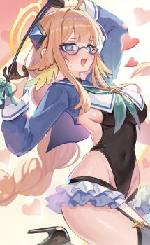 aqua_neckerchief black_leotard blue_archive blue_shrug braid braided_twintails breasts feather_hair feathers gloves half_gloves halo halter_leotard halterneck heart heart-shaped_pupils high_heels highres holding holding_riding_crop impossible_clothes impossible_leotard large_breasts leotard looking_at_viewer low_twin_braids madopen neckerchief riding_crop shimiko_(blue_archive) shimiko_(magical)_(blue_archive) shrug_(clothing) super_highleg symbol-shaped_pupils twin_braids yellow_feathers yellow_halo