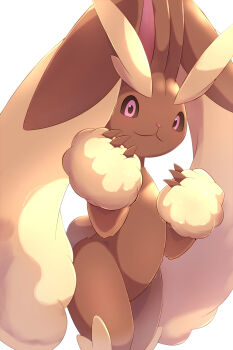 1other brown_sclera closed_mouth colored_sclera commentary_request furry gen_4_pokemon hands_up highres looking_down lopunny nintendo pink_eyes pokemon pokemon_(creature) rumine_(yoshi1234567) simple_background smile white_background