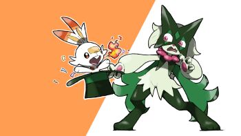 :d animal_focus blacknirrow confetti full_body gen_8_pokemon green_hat hat highres holding holding_unworn_clothes holding_unworn_hat in_hat magic_trick meowscarada nintendo no_humans open_mouth outline pink_eyes pokemon pokemon_(creature) rabbit scorbunny simple_background smile standing surprised teeth top_hat two-tone_background unworn_hat unworn_headwear upper_teeth_only white_outline