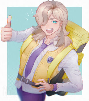 Rule 34 | 1boy, :d, absurdres, arven (pokemon), backpack, bag, blurry, border, brown hair, collared shirt, commentary, green background, green eyes, hair over one eye, happy, highres, long hair, male focus, necktie, nintendo, open clothes, open mouth, open vest, outside border, pants, pokemon, pokemon sv, purple necktie, purple pants, raaji (ldryzauf7x12eqg), shirt, shout lines, smile, solo, teeth, thumbs up, tongue, untranslatable commentary, upper teeth only, vest, white border, yellow bag, yellow vest