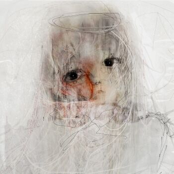 Rule 34 | 1girl, abstract, absurdres, black eyes, expressionless, grey theme, head tilt, highres, original, portrait, seyooe, solo, spot color