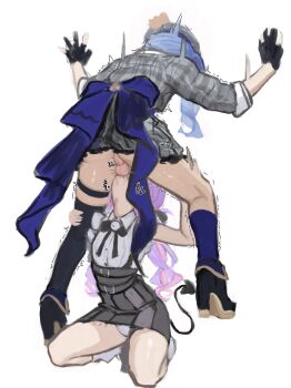 1futa 1girl absurdres ayeon black_boots black_gloves black_skirt blue_hair blue_socks boots deepthroat demon_tail fellatio futa_with_female futanari futasub gloves grey_hat grey_skirt hat high_heel_boots high_heels highres hololive hoshimachi_suisei hoshimachi_suisei_(1st_costume) long_hair oral panties purple_hair shirt shirt_tucked_in simple_background single_sock single_thighhigh sitting skirt socks squatting standing tail testicles thighhighs tokoyami_towa tokoyami_towa_(jirai_kei) trembling twintails uncensored underwear virtual_youtuber white_background white_panties white_shirt