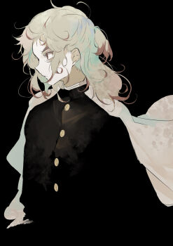 Rule 34 | 1boy, black background, blending, buttons, closed mouth, commentary request, expressionless, eyelashes, highres, kimetsu no yaiba, long hair, long sleeves, looking ahead, male focus, messy hair, rengoku kyoujurou, simple background, solo, tokoame, upper body