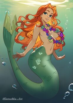 1girl absurdres air_bubble artist_name blue_eyes breasts bubble commentary convenient_censoring english_commentary flower flower_necklace full_body highres jewelry kistochka lei long_hair medium_breasts mermaid monster_girl navel necklace orange_hair original smile solo underwater