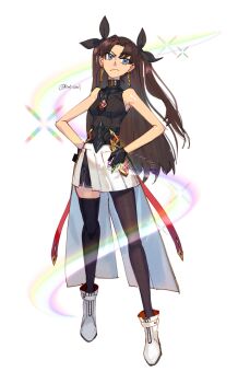 1girl ankle_boots armpits artist_name asymmetrical_legwear bare_arms belt_collar black_thighhighs blue_eyes boots brown_hair brown_pantyhose closed_mouth coattails collar commentary curtained_hair fate/stay_night fate_(series) frown full_body gem hair_ornament hand_on_own_hip highres holding holding_gem honkai:_star_rail honkai_(series) jewelry long_hair looking_to_the_side pantyhose pendant raliciel red_gem rin's_pendant_(fate) shirt shoes sideways_glance single_leg_pantyhose single_thighhigh skirt sleeveless sleeveless_shirt solo tailcoat thighhighs tohsaka_rin tohsaka_rin_(honkai:_star_rail) twitter_username two_side_up white_shoes white_skirt