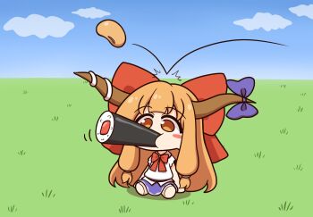 1girl beans blue_sky bow bowtie brown_horns chibi chibi_only cloud commentary_request day eating ehoumaki food grass hair_bow highres horn_bow horn_ornament horns ibuki_suika long_hair makizushi mamemaki on_ground oni orange_eyes orange_hair outdoors purple_skirt red_bow red_bowtie setsubun shirt shitacemayo skirt sky sushi touhou very_long_hair white_shirt