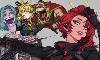 avengers_(series) black_hair black_widow blue_eyes brown_hair cape checkered_cloak cloak closed_mouth commentary doctor_strange doctor_strange_(series) english_commentary facial_hair highres jujutsu_kaisen long_sleeves magik_(x-men) male_focus marvel meme multicolored_hair one-punch_man orangtheman red_cloak shirt short_hair simple_background smile sue_storm superhero_costume teeth