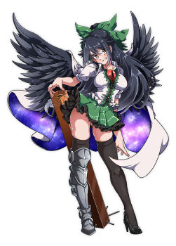 1girl absurdres black_hair black_thighhighs black_wings bow breasts brown_eyes cape commentary_request contrapposto feathered_wings frilled_skirt frills gokuu_(acoloredpencil) green_bow green_skirt grin hair_bow high_heels highres long_hair looking_at_viewer medium_breasts miniskirt no_panties reiuji_utsuho shirt short_sleeves simple_background single_leg_armor skirt smile solo starry_sky_print thighhighs third_eye_on_chest touhou two-sided_cape two-sided_fabric white_background white_cape white_shirt wings zettai_ryouiki