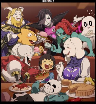 1other 3girls 4boys ^_^ alphys asgore_dreemurr black_border black_hair blonde_hair blue_skin blurry blurry_background blush blush_stickers border brown_hair burger cel_shading child closed_eyes colored_skin commentary copyright_name couch cup eating everyone eyepatch feeding flowey_(undertale) flying_sweatdrops food food_on_face frisk_(undertale) ghost gloves goat_boy goat_girl goat_horns grin happy highres holding holding_burger holding_cup holding_food holding_plate horns hot_dog ice_cream indoors kamezaemon ketchup_bottle lying mettaton multiple_boys multiple_girls napstablook on_back on_couch on_table one_eye_covered open_mouth papyrus_(undertale) pasta pie plate red_gloves red_hair robot sandwich sans_(undertale) sharp_teeth short_hair skeleton smile spaghetti sparkle steam swept_bangs table teeth toriel undertale undyne utdr_(toby_fox) yellow_skin