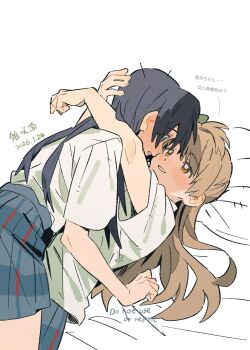 2girls arms_around_neck black_hair blue_skirt blush brown_hair commentary commentary_request dated eye_contact highres long_hair looking_at_another love_live! love_live!_school_idol_project minami_kotori minamip multiple_girls orange_eyes parted_lips pleated_skirt shirt simple_background skirt smile sonoda_umi white_background white_shirt yuri