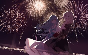 2girls absurdres aerial_fireworks bang_dream! bang_dream!_it&#039;s_mygo!!!!! black_skirt blonde_hair blue_dress blue_hair dress fireworks grey_shirt hair_between_eyes highres long_hair medium_hair meeeeei misumi_uika multiple_girls open_mouth pinafore_dress purple_eyes shirt sidelocks skirt sleeveless sleeveless_dress teeth togawa_sakiko upper_teeth_only yellow_eyes