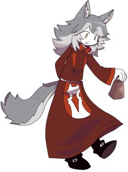 1girl absurdres animal_ears bell black_boots boots bow commentary concept_art cowbell dress ear_tufts english_commentary fang highres kemonomimi_mode long_hair multicolored_hair non-web_source old old_woman original red_bow red_dress smile solo tail two-tone_hair wolf wolf_ears wolf_girl wolf_tail yellow_eyes