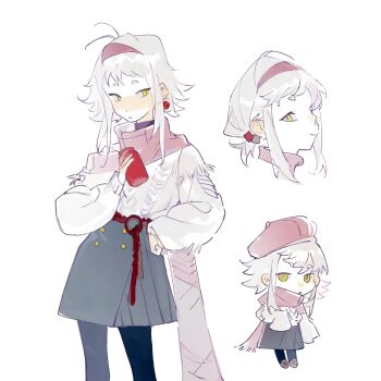 1girl absurdres antenna_hair artist_self-insert belt black_pantyhose brown_shoes chibi chinese_commentary chuanhua closed_mouth commentary_request earrings expressionless green_eyes grey_skirt hairband hand_on_own_hip hat highres holding holding_jar jar jewelry long_sleeves multiple_views original pantyhose red_belt red_hairband red_hat red_scarf scarf shoes short_eyebrows simple_background skirt sleeves_past_fingers sleeves_past_wrists smile sweater white_background white_hair white_sweater