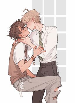 2boys after_kiss ahoge black_pants blonde_hair bracelet brown_hair brown_sweater_vest charm_(object) collared_shirt commentary draco_malfoy english_commentary glasses golden_snitch green_necktie grey_pants hand_on_another&#039;s_neck harry_potter harry_potter_(series) highres jewelry male_focus multiple_boys necktie pants saliva saliva_trail shirt short_hair short_sleeves sweater_vest torn_clothes torn_pants tusya_art white_shirt wizarding_world yaoi