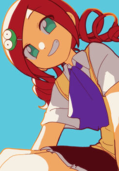 1girl absurdres andou_ringo ascot blue_background character_hair_ornament collared_shirt commentary_request drill_hair green_eyes hair_ornament highres looking_at_viewer nzeneee purple_ascot puyo_(puyopuyo) puyopuyo red_hair shirt short_sleeves smile solo sweater_vest teeth twin_drills white_shirt yellow_sweater_vest