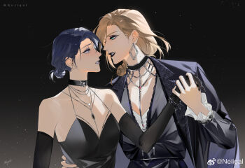 2girls artist_name black_choker black_dress black_eyeshadow black_gloves black_jacket black_lips black_sleeves blonde_hair blue_eyeshadow blue_hair bracelet breasts chief_(path_to_nowhere) chinese_commentary choker collarbone commentary_request detached_sleeves dress earrings elbow_gloves eye_contact eyeshadow female_chief_(path_to_nowhere) gloves green_eyes hair_bun hand_grab hand_on_another&#039;s_waist highres jacket jacket_on_shoulders jewelry langley_(path_to_nowhere) lapels lipstick long_sleeves looking_at_another makeup mole mole_on_neck multiple_girls neiigal notched_lapels parted_lips path_to_nowhere short_hair signature small_breasts strapless strapless_dress watermark weibo_watermark yuri