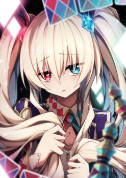 1girl absurdres blonde_hair blue_eyes breasts card chaos_alice_(grimms_notes) chaos_alice_(original)_(grimms_notes) clothing_cutout grabbing_own_hair grimms_notes hair_ornament heart_cutout heterochromia highres holding holding_own_hair long_hair long_sidelocks looking_at_viewer parted_lips playing_card red_eyes ruisuke sidelocks solo striped_clothes twintails upper_body very_long_hair