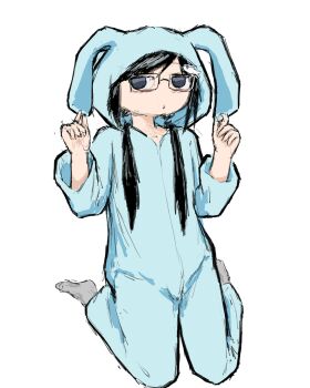 Rule 34 | 1girl, absurdres, animal ears, black-framed eyewear, black hair, blue eyes, blue onesie, blush, closed mouth, dot mouth, fish hairpin, full body, glasses, grey socks, hair between eyes, hair ornament, hairpin, hands on animal ears, hands on headwear, highres, kneeling, long hair, looking at viewer, monnoyknn0m, no nose, onesie, rabbit ears, shimeji simulation, simple background, socks, tsukishima shijima's sister, twintails, white background
