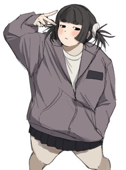 1girl black_eyes black_hair blunt_bangs blush frown hand_in_pocket highres jacket mob_face original purple_jacket scrunchie shirt short_hair short_twintails skirt solo standing twintails v v_over_eye white_background white_shirt yoko_koyoyo