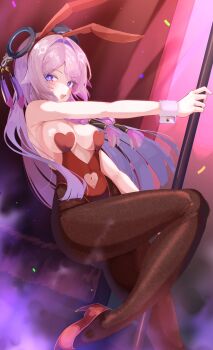 1girl absurdres alternate_costume animal_ear_hairband animal_ears black_pantyhose blue_eyes breasts citlali_(genshin_impact) cleavage clothing_cutout commentary_request excella_(delltothu) fake_animal_ears floating_headgear foot_out_of_frame from_side genshin_impact hairband headgear heart_cutout high_heels highleg highleg_leotard highres leg_up leotard long_hair looking_at_viewer medium_breasts multicolored_hair navel navel_cutout open_mouth pantyhose pink_hair pink_pupils playboy_bunny pole purple_hair rabbit_ears red_hairband red_leotard red_shoes shoes solo strapless strapless_leotard stripper_pole very_long_hair white_wrist_cuffs wrist_cuffs