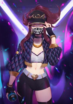 1girl akali anntan baseball_cap belt bracelet breasts brown_hair choker crop_top fingerless_gloves gloves hat highres jacket jewelry k/da_(league_of_legends) k/da_akali league_of_legends long_hair looking_at_viewer mask midriff mouth_mask navel one_eye_closed ponytail purple_eyes single_leg_pantyhose single_thighhigh small_breasts solo spray_can thighhighs