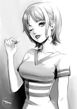 1girl 2025 bare_arms breasts coin collarbone commentary eightyfourart eyelashes glint gradient_background greyscale hair_behind_ear highres holding holding_coin holding_money impossible_clothes lips looking_at_viewer medium_breasts money monochrome nami_(one_piece) nami_(one_piece)_(east_blue) one_eye_closed one_piece parted_lips shirt short_hair short_sleeves single_sidelock solo tongue tongue_out upper_body v-neck