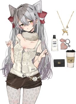 1girl alternate_costume amatsukaze_(kancolle) bottle breasts brown_eyes brown_shorts camisole chigasaki_yukari cologne cowboy_shot cup disposable_coffee_cup disposable_cup fur_scarf grey_hair hair_tubes highres jewelry kantai_collection long_hair long_shirt necklace pantyhose scarf shorts simple_background small_breasts solo strap_slip two_side_up wallet white_background white_camisole white_pantyhose white_scarf