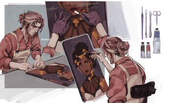 1boy absurdres apron arcane:_league_of_legends art_brush black_gloves brown_hair canvas_(object) chair closed_mouth collared_shirt colored_veins commentary dark-skinned_female dark_skin dreadlocks english_commentary facial_hair glitter glitter_makeup gloves gold_tattoo hair_bun hair_ornament hair_up highres holding holding_paintbrush indoors league_of_legends looking_down mel_(league_of_legends) multicolored_hair on_chair paint paint_palette paintbrush painting_(object) portrait_(object) red_shirt shade shirt shoulder_plates sitting sleeves_rolled_up solo standing streaked_hair table upper_body very_dark_skin viktor_(arcane) viktor_(league_of_legends) wr0wn