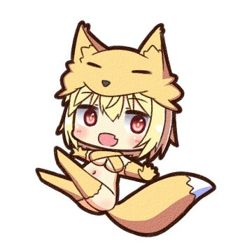 Rule 34 | 1girl, animal feet, animal hands, blonde hair, blush, bra, breasts, canvas texture, chibi, chibi only, commentary request, fox girl, fox hat, fox tail, full body, hair between eyes, looking at viewer, medium breasts, moonlight flower, navel, open mouth, outstretched arms, ragnarok online, red eyes, shizukushigure, simple background, smile, solo, spread arms, tail, underboob, underwear, white background, yellow bra