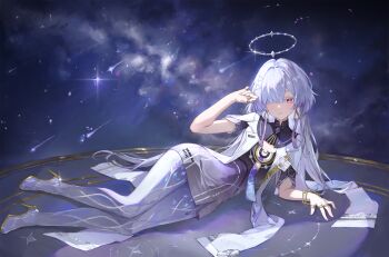 1girl breasts colored_eyelashes commentary dress earrings full_body grey_hair hair_ornament hair_over_one_eye halo hand_up high_heels highres id_card jacket jewelry light_blush long_hair looking_at_viewer lying mkice mornye_(wuthering_waves) on_side parted_lips purple_dress red_eyes see-through_body shooting_star sky small_breasts solo space star_(sky) starry_sky triangle_earrings white_jacket wuthering_waves