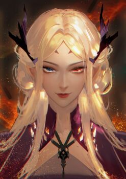 Rule 34 | 1girl, blonde hair, blue eyes, cape, chinese commentary, commentary, eirene (path to nowhere), embers, fiery background, fire, forehead, hair behind ear, hair intakes, half updo, headpiece, heterochromia, highres, looking at viewer, parted bangs, path to nowhere, portrait, qingci, red cape, red eyes, smile, solo, straight-on