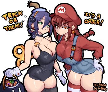 2girls alternate_breast_size_(larger) alternate_costume asymmetrical_docking black_choker black_leotard black_thighhighs blue_hair blue_overalls bob-omb bob-omb_(cosplay) bomb_hair_ornament braid braided_ponytail breast_press breasts candy chainsaw_man choker cleavage closed_mouth commentary cosplay cowboy_shot curvy double-parted_bangs earrings el_rincon_de_amber english_commentary flying_sweatdrops food gloves green_eyes grenade_pin hair_between_eyes hair_ornament halloween_bucket hat highres jewelry large_breasts leaning_forward leotard long_hair looking_at_viewer makima_(chainsaw_man) mario mario_(cosplay) mario_(series) multiple_girls nintendo orange_eyes overalls red_hair red_hat red_shirt red_thighhighs reze_(chainsaw_man) ringed_eyes shirt short_hair simple_background small_sweatdrop smile star_(symbol) star_earrings striped_clothes striped_thighhighs thick_thighs thighhighs thighs trick_or_treat white_background white_gloves