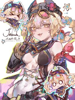 &gt;_&lt; 1girl :d absurdres bare_shoulders black_hat blonde_hair braid braided_hair_rings breasts chibi cocoballking commentary dated fang genshin_impact hair_rings hand_up hat highres jahoda_(genshin_impact) looking_at_viewer multiple_views o_o open_mouth short_hair simple_background skin_fang small_breasts smile star-shaped_pupils star_(symbol) symbol-only_commentary symbol-shaped_pupils v white_background yellow_eyes