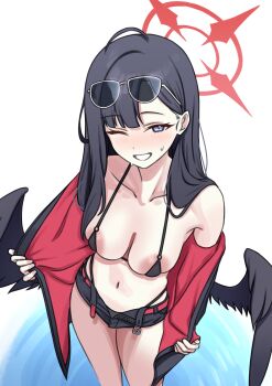 1girl absurdres afro_(afrodite_ja) ahoge areola_slip bikini black_bikini black_hair black_jacket black_shorts blue_archive blue_eyes breasts collarbone commentary_request feet_out_of_frame from_above halo highleg highleg_bikini highres ichika_(blue_archive) ichika_(swimsuit)_(blue_archive) jacket large_areolae long_hair looking_at_viewer low_wings medium_breasts micro_bikini navel official_alternate_costume one_eye_closed open_clothes open_jacket open_mouth red_halo red_jacket revealing_clothes short_shorts shorts smile solo standing stomach string_bikini sweat swimsuit teeth thighs two-sided_fabric two-sided_jacket white_background wings