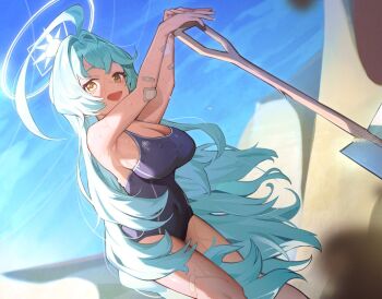 1girl :d abydos_high_school_swimsuit ahoge aqua_hair bent_over black_cola blue_archive breasts desert halo holding holding_shovel large_breasts long_hair open_mouth school_swimsuit shovel sky smile solo sweat swimsuit too_many_bandaids very_long_hair yellow_eyes yellow_halo yume_(blue_archive)