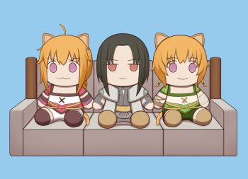 Rule 34 | 1boy, 2girls, :3, animal ears, atorie, belt, black hair, blue background, cat, cat ears, cat girl, cat tail, character doll, closed mouth, commission, commissioner upload, couch, doll, fire emblem, fire emblem: path of radiance, fire emblem: radiant dawn, hair between eyes, highres, lethe (fire emblem), lyre (fire emblem), multiple girls, nintendo, no pupils, o-ring, o-ring belt, orange hair, orange tail, purple eyes, red eyes, simple background, sitting, smile, soren (fire emblem), soren (radiant confidant) (fire emblem), stuffed toy, tail, wrist wrap